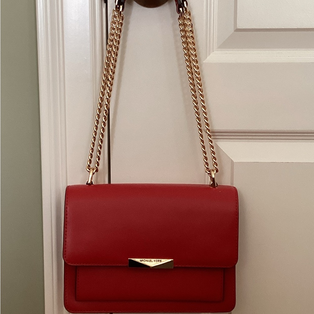 MICHAEL KORS Jade Gusset Chain 2-Way Crossbody Shoulder Bag - Red